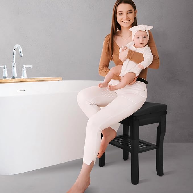 StrongTek Bamboo Shower Bench Seat with Cushion, Shower Stool with Storage Shelf, Lightweight, Non-Slip, Quick-Drain Design, 350 lbs Capacity, Ideal for Bathroom, Spa, Sauna, Living Room