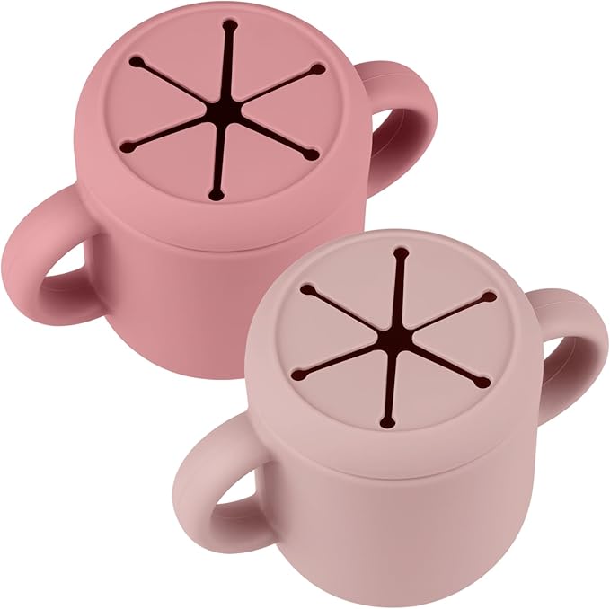 Snack Containers, Silicone Snack Cups for 6-12 Months Toddlers - Pack of 2 Food Grade Silicone Snack Cups with Grip Handle for Baby Led Weaning, Unbreakable (Blush/Mauve)