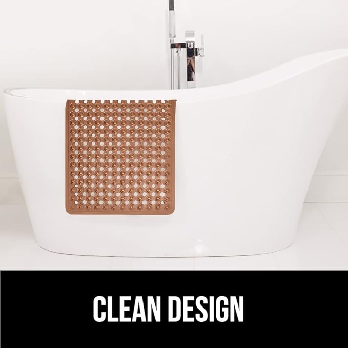 GORILLA GRIP Patented Bath Tub Shower Mat, Machine Washable Bathtub Floor Liner Mats, Suction Cups and Drain Holes to Keep Tubs Clean, Soft on Feet, Bathroom Essentials, 35x16 Inch, Brown