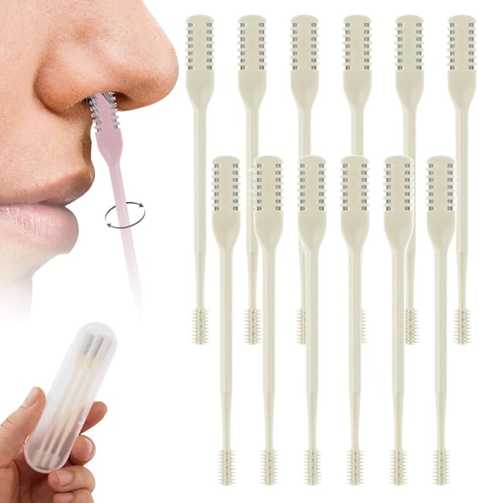 2-in-1 Nasal Hair Cutter, 360° Rotating Double Sided Nose Hair Removal Tool, Nose Hair Clipper with Ear Picker for Women and Men (Beige, 12 PCS)