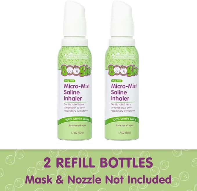 Boogie Micro-Mist Saline Inhaler Refill, Baby Nose Congestion Relief, Nasal Spray for Kids, Pediatrician Recommended, Unscented, 1.7 oz (Pack of 2)