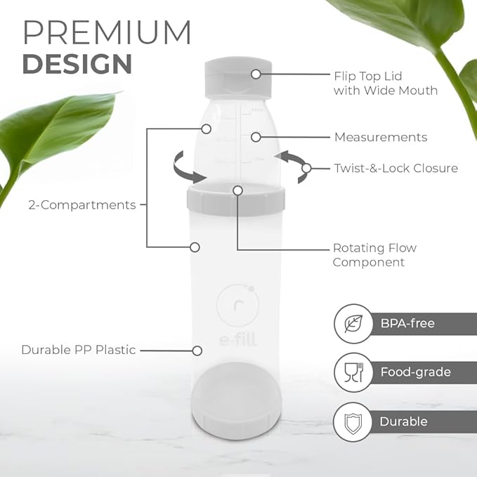 Re-Fill Powder Container To-Go, 2-Compartment Powder Travel Dispenser with Measurements - Powder Container for Protein Powder or Pre-Workout to use On-The-Go (White)