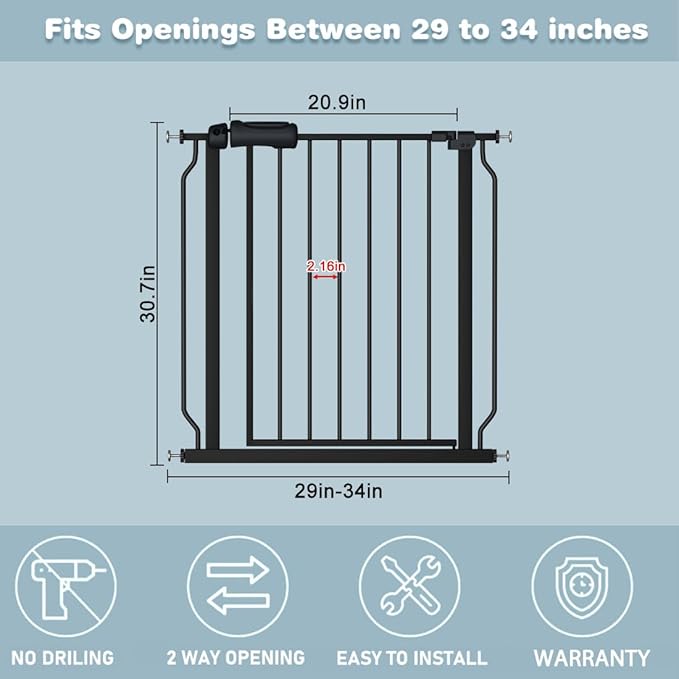 Black Baby Gate 29-34 Inch Wide Walk Through Pressure Mounted Safety Gate with Door No Drill Tension Metal Gate for Dog Cat and Toddler