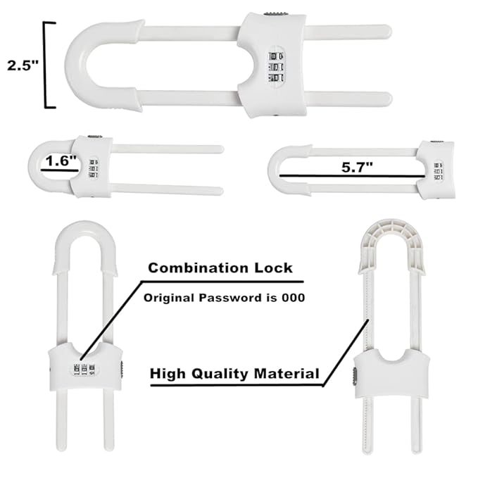 4 Pack Child Proof Sliding Cabinet Door Code Locks Baby Safety Cupboard Locks Adjustable U Shaped Cabinet Latches for Knob Handle Drawers Closet Plastic (4 PCS, White)
