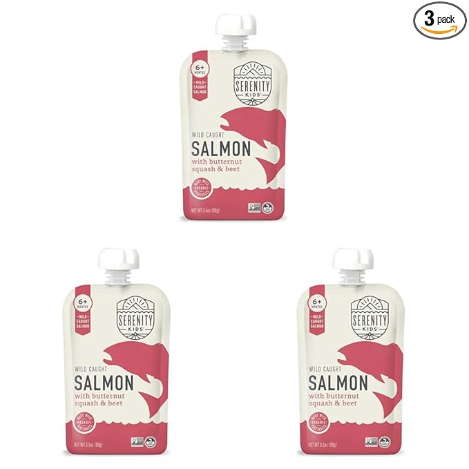 Serenity Kids 6+ Months Baby Food Pouches Puree Made With Ethically Sourced Meats & Organic Veggies | 3.5 Ounce BPA-Free Pouch | Wild Caught Salmon, Butternut Squash, Beet | 1 Count (Pack of 3)
