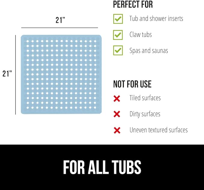 GORILLA GRIP Patented Square Shower Stall Mat, Small Bathtub Floor Mats for Stand Up Showers, Suction Cups and Drain Holes, Machine Wash, Soft on Feet, Bathroom Accessories 21x21 Inch, Sky Blue Opaque