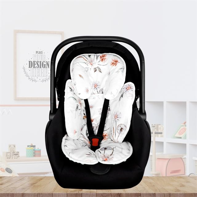 2 in 1 Infant Car Seat Insert, Car Seat Head Support Baby Girls Boys, Soft Newborn Carseat Insert Cushion, Perfect for Carseats, Strollers, Swings (White Flower)