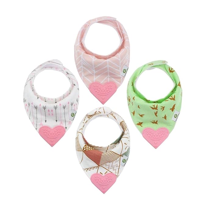Baby Girl Bandana Teething Bibs - Attached Heart Teether - Set of 4 - Pink