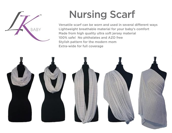 LK Baby Infinity Nursing Scarf Breastfeeding Cover Ultra Soft Premium Jersey Polyester- 100% AZO free and Safe for Baby (2pk Grey/Black)
