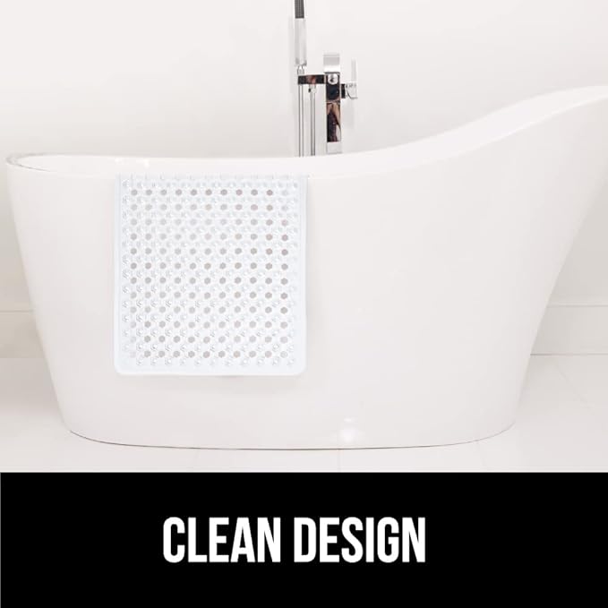 GORILLA GRIP Patented Bath Tub Shower Mat, 2 Pack, Machine Washable Bathtub Floor Liner Mats, Suction Cups and Drain Holes to Keep Tubs Clean, Soft on Feet, Bathroom Essentials, 35x16 Inch, White