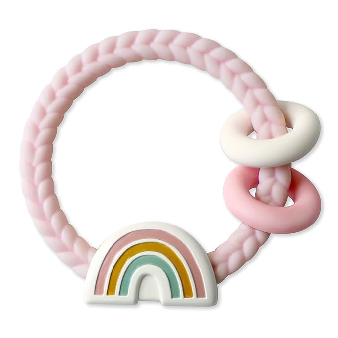 Itzy Ritzy Silicone Teether with Rattle; Rattle Teether Features Rattling Sound, Two Silicone Teething Rings and Raised Texture to Soothe Gums; Ages 3 Months and Up (Pink Rainbow)