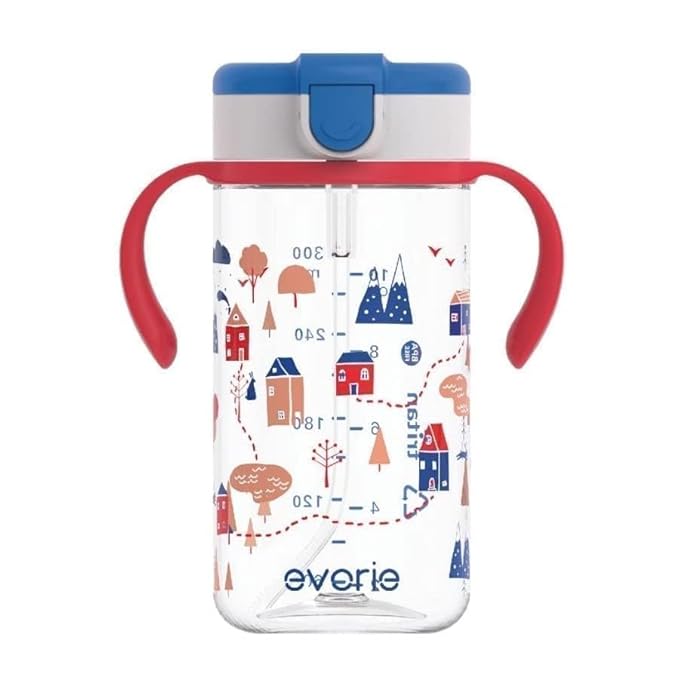 Evorie Tritan Spill Proof Toddler Straw Sippy Cup, 10 oz for Baby and Toddlers 1-3 Years Old, No Spill Straw Water Bottle with Removable Handles, Ideal for School, BPA-Free, Happy Valley