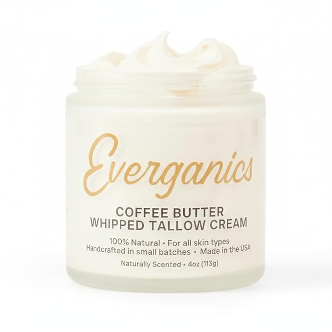 | Organic Coffee Butter Whipped Tallow Cream for Skin | Grass-Fed Beef Tallow Natural Moisturizer for Face & Body | Made in USA | 4 oz (Large Size)