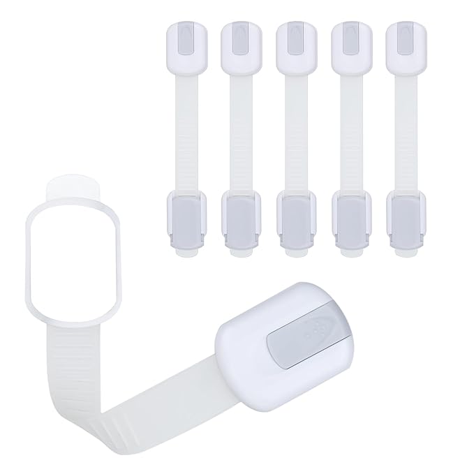 Child Safety Cabinet Locks (6 Pack) – Adjustable Baby Proofing Strap Latches with Strong 3M Adhesive – No Drill Childproof Locks for Drawers, Cabinets, Fridge, Door, Closet, Grey
