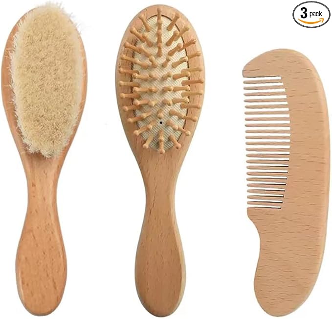 PandaEar Baby Hair Brush and Comb Set for Newborn| Natural Wooden Hairbrush with Soft Goat Bristles, Pear Wood Comb and Wooden Massage Brush for Infant, Toddler, Kids