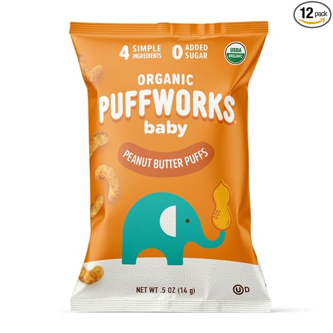Puffworks Baby Organic Peanut Butter Puffs, Perfect for Early Peanut Introduction, Plant-Based Protein, USDA Organic, Gluten-Free, Vegan, Non-GMO, Kosher, 0.5 Ounce (Pack of 12)