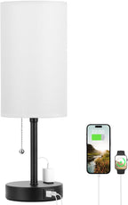 Dicoool 17Inch Tall Bedroom Lamps with USB C and A Ports 3 Color Temperatures - Pull Chain White Nightstand Bedside Table Lamp with AC Outlet, Side Lamp for Living Room End Table