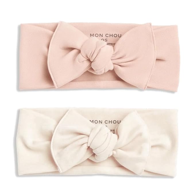 MON CHOU Adjustable Baby Headbands - Set of 2 Organic Cotton Headbands for Baby Girls - Ultra Soft, 100% Pima Cotton Infant Hair Bows (Ivory & Bloom)