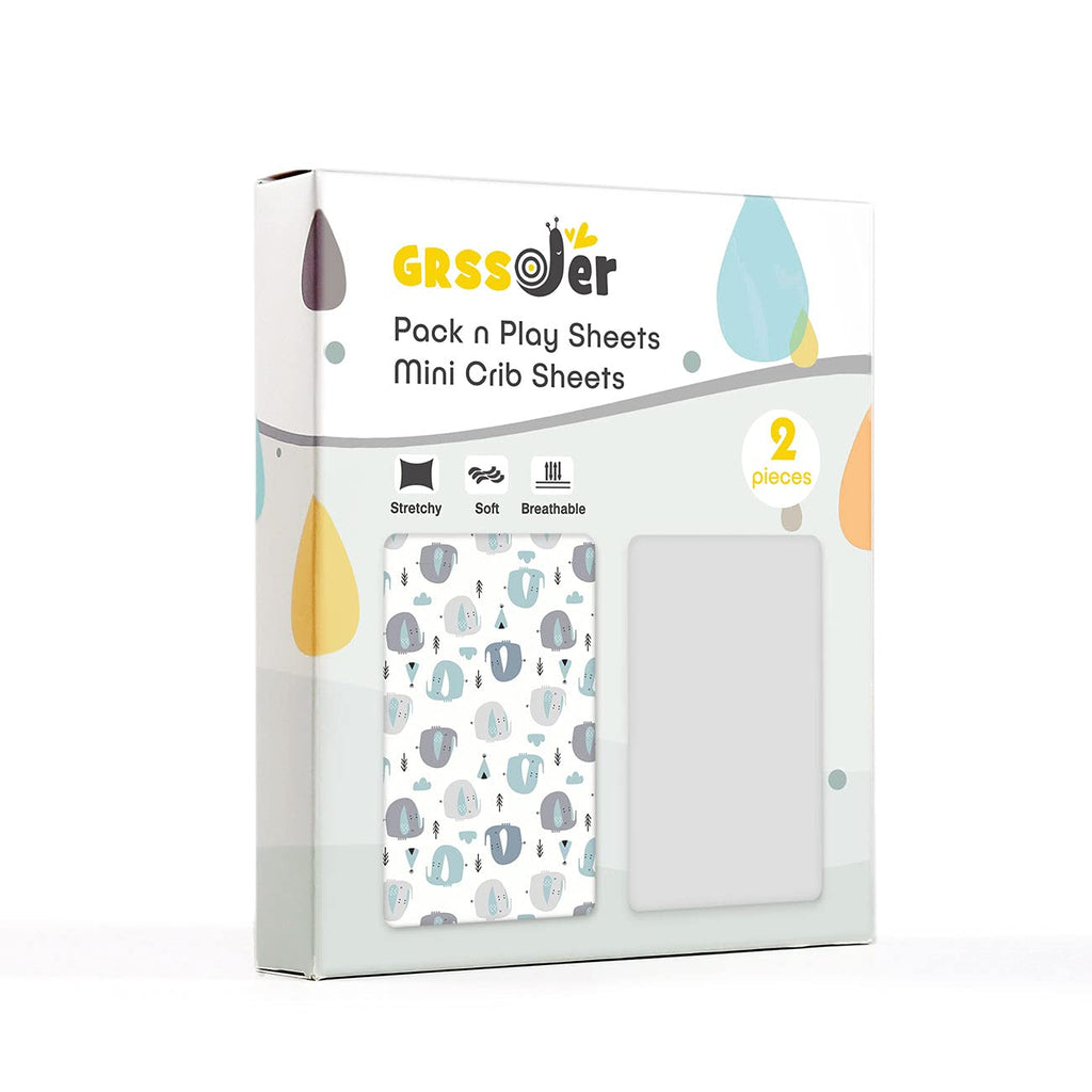 GRSSDER Stretchy Ultra Soft Jersey Knit Fitted Pack n Play Sheets Set 2 Pack, Portable/Mini Cribs Playards Sheets with Deep Pocket, Cute Elephant for Girls and Boys