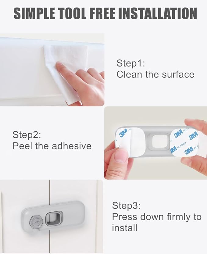 5 Pack Child Proof Refrigerator Lock, QYESWHSR Fridge Locks for Kids with Sticky Adhesive Pads, Child Safety Locks for Doors, RV Refrigerator, Oven Lock Child Safety Baby Cabinet Locks - Grey Updated