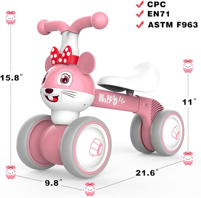 YGJT Baby Balance Bike for 1 + Year Old Boy and Girl, Indoor Outdoor Non-Pedal Baby Walker Toys for 10-36 Months Toddlers, Silent Wheels, 1st Birthday Gift, Kids First Bike Pink Mouse