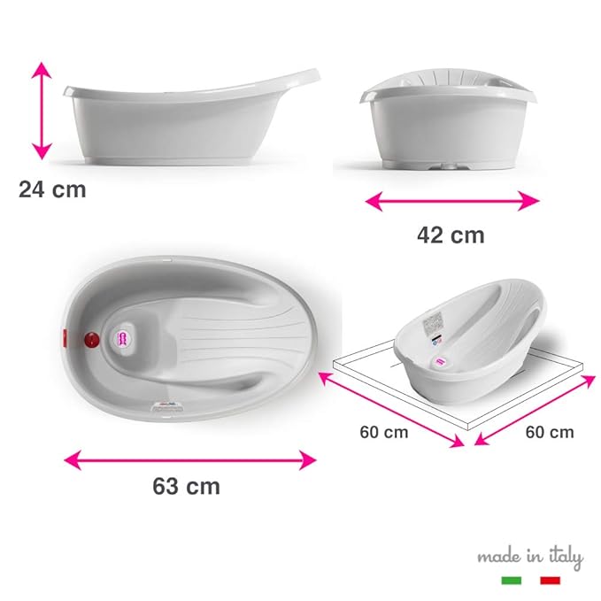 BEABA by OKBaby, Onda Baby Bath, Ergonomic Multi-Position tub for Infants and Babies up to 12 Months, Integrated Water Thermometer, Made in Italy, White