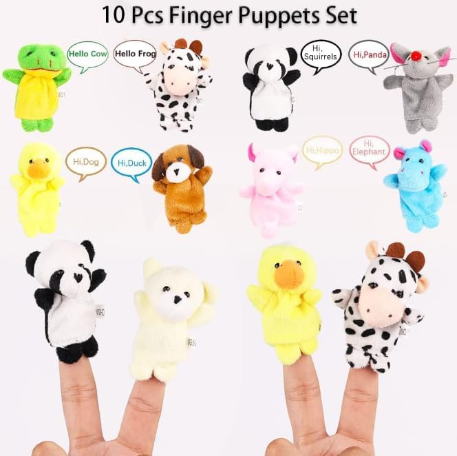 10Pcs Finger Puppets Set - Soft Plush Animals Finger Puppet Toys for Kids, Mini Plush Figures Toy Assortment for Boys & Girls, Party Favors for Shows, Playtime, Schools