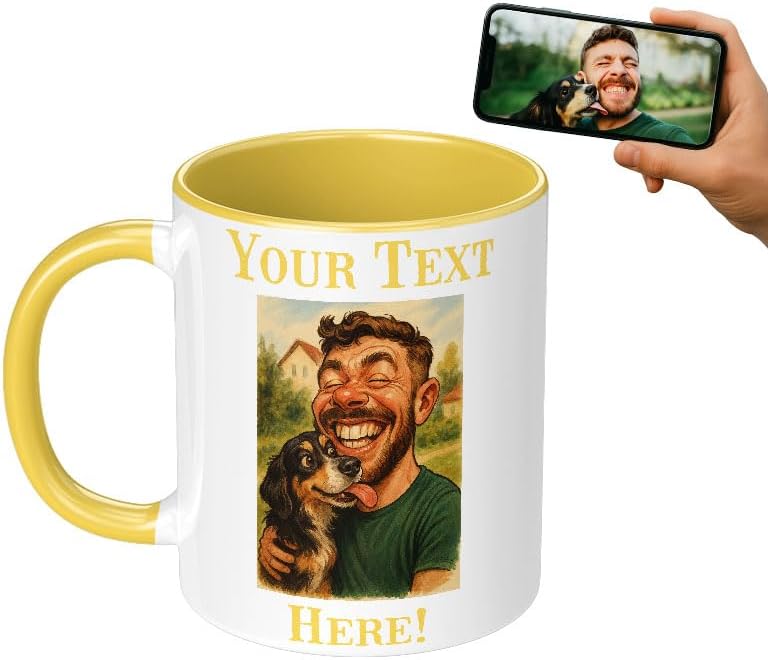 Personalized Coffee Mug, Custom Photo Caricature Gift, Funny Customized Coffee Gift for Men & Women, Custom Mugs with Pictures, Yellow 11oz Customized Ceramic Tea Cup