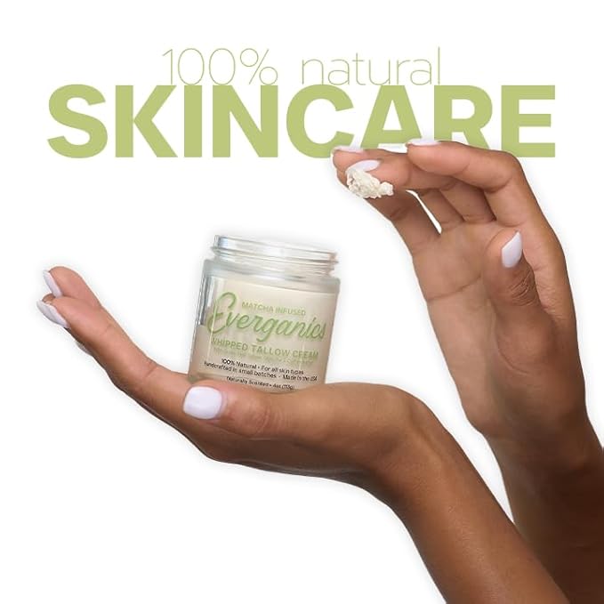 | Organic Matcha-Infused Whipped Tallow Cream for Skin | Grass-Fed Beef Tallow Natural Moisturizer for Face & Body | Made in USA | 4 oz (Large Size)