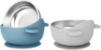 2 Pack Stainless Steel Baby Bowls with Suction, Toddler Bowls with Removable Silicone Shell for Kids, Non-Slip Toddler Baby Feeding Set Dishwasher Safe-Gray & Blue