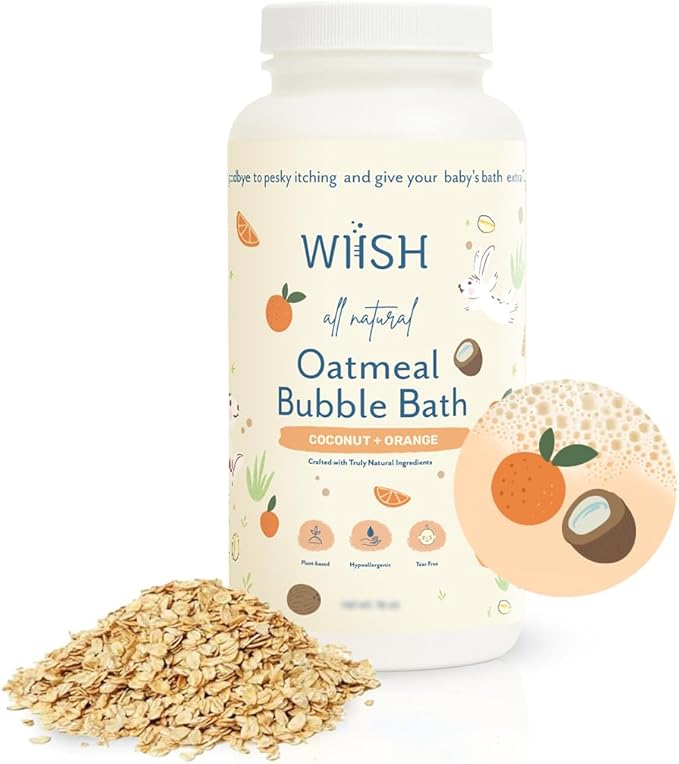 WIISH Baby Oatmeal Bubble Bath - Baby Bubble Bath for Sensitive Skin with 30% Colloidal Oatmeal | Orange + Coconut | Healing Ingredient, Soothing Itchiness, Rashes, Dryness 16 oz(260g)