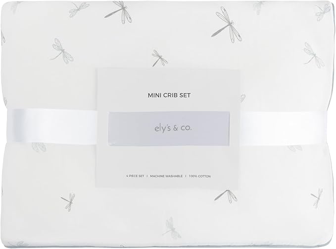 Ely's & Co. Mini Crib Bedding Set for Boys, 4 Piece Set - 1 Fitted Mini Crib Sheet, Quilted Comforter and Decorative Pillow, Blue Dragonfly + Stripe Collection