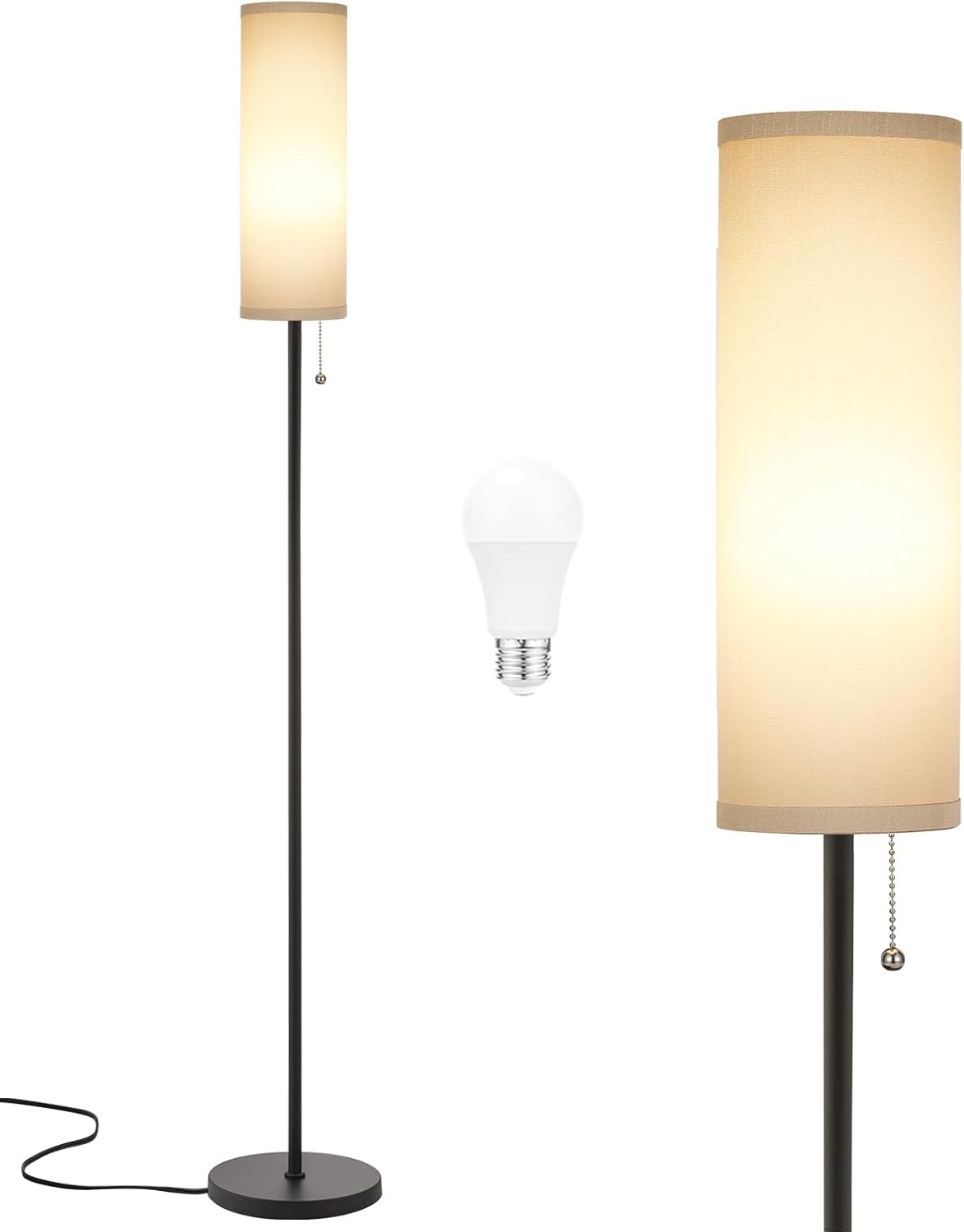 Ambimall Floor Lamp for Living Room with 3 Color Temperatures Bulb, 64" Standing lamp with Linen lampshade for Bedroom, Minimalist Pole Lamp, Grey Shade & Black Pole