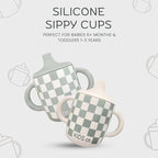 Silicone Sippy Cups with Easy Grip Transition Handles and a Soft Spout. A Non Txoic No Spill Unbreakable Training Cup. 150ml/5oz |2-PACK Sandy Shore & Green Checkers|