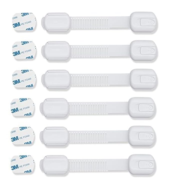 Child Safety Cabinet Locks (6 Pack) – Adjustable Baby Proofing Strap Latches with Strong 3M Adhesive – No Drill Childproof Locks for Drawers, Cabinets, Fridge, Door, Closet, White