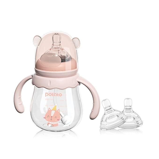 POTATO Glass Baby Bottles, Anti-Colic Breastfeeding Bottles with Medium Flow Nipple, Suitable for Babies 3-6 Months, 2 Replaceable Nipples, 6 oz, Pink