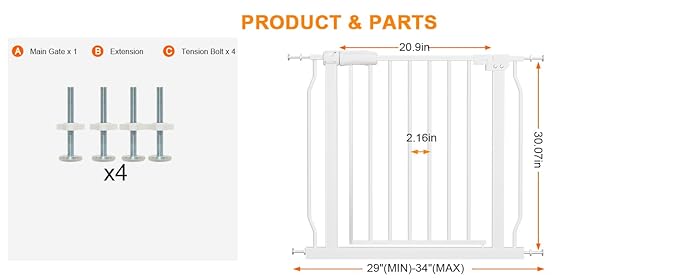 Narrow Baby Gates for Stairs Doorways Auto Close Tension White Metal Child Pet Safety Gates with Pressure Mount 29-34 Inch Wide