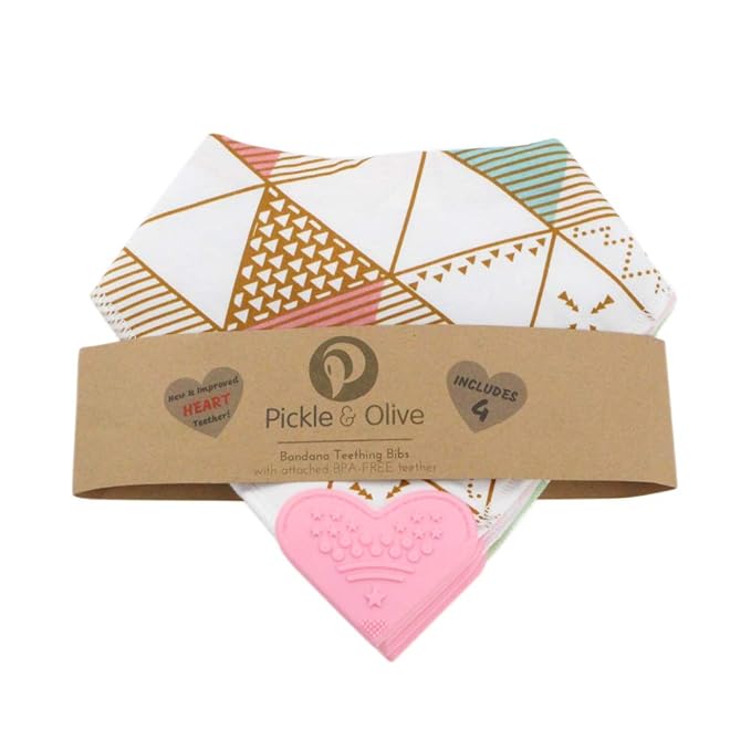 Baby Girl Bandana Teething Bibs - Attached Heart Teether - Set of 4 - Pink