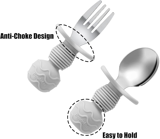 PandaEar 6 Pack Stainless Steel Toddler Spoons and Fork Feeding Set - Anti-Choke First Self Feeding Utensils for Kids Baby Boys Led Weaning Ages 18 Months+ (Blue/Grey/Peach)