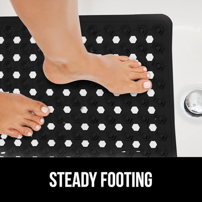 GORILLA GRIP Patented Bath Tub Shower Mat, Machine Washable Bathtub Floor Liner Mats, Suction Cups and Drain Holes to Keep Tubs Clean, Soft on Feet, Bathroom Essentials, 35x16 Inch, Black