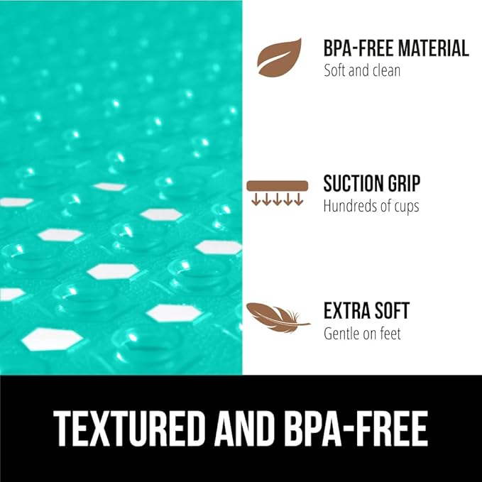 GORILLA GRIP Patented Square Shower Stall Mat, Small Bathtub Floor Mats for Stand Up Showers, Suction Cups and Drain Holes, Machine Wash, Soft on Feet, Bathroom Accessories 21x21 Inch Turquoise Opaque