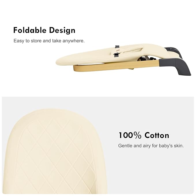 Foldable Baby Bouncer, Baby Seat with 3 Adjustable Heights, Portable Newborn Rocker, Ergonomic Bouncy Seat for Natural Bounce, Bouncer for Babies 0-6 Months, Soft Cotton (Beige)