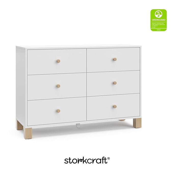 Storkcraft California 6-Drawer Double Dresser (White with Driftwood) - GREENGUARD Gold Certified, Interlocking Drawer System, Dresser Drawer Organizer for Kids Bedroom