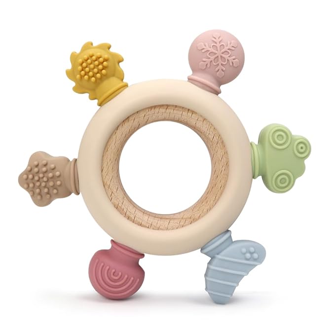 3Pcs Baby Silicone Teether Toy Set - Food-Grade Silicone Teething Relief Toys,Wooden Ring Teether Cute Bear Toy and Toy Straps for Babies 3-12 Months(Pink)