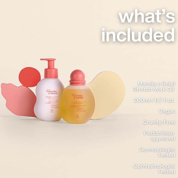 natura - Mamãe e Bebê Mom Stretch Marks Oil - Moisturizing Shower Oil - Skin Elasticity - 100% Vegan - Almond Oil - 97.3% Natural Origin - All Skin - Cruelty Free - Baby Essentials - 6.7 fl oz (200ml)
