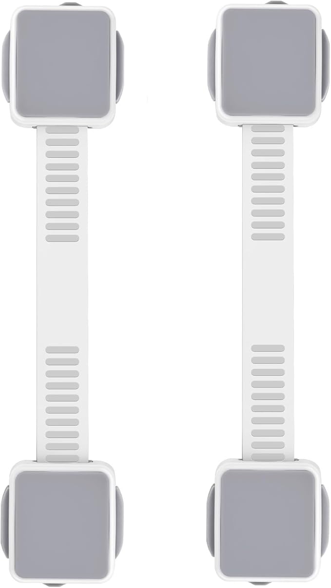 2 Pack Child Safety Cabinet Locks for Baby Proofing, Length Adjustable Latch Straps Dual Button Design for Drawers Fridge Refrigerator Doors Toilet Seat Oven (Grey, 2Pack)