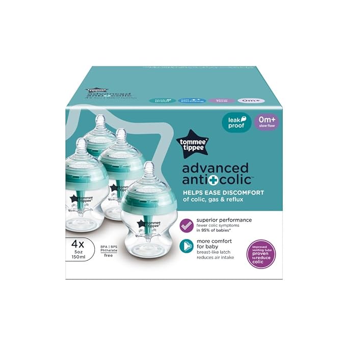 Tommee Tippee Advanced Anti-Colic 5 oz BPA Free Baby Bottles, Newborn 0+ Months, Slow Flow Breast-Like Nipple, Unique Design Keeps Air Away from Milk and Baby, Clear, Pack of 4