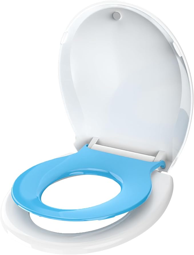 Toddler Toilet Seat with Potty Training Seat Round 16.5inch, 2 in 1 Toilet Seat for Family Built-in Baby Seat Removable, Soft Close + Easy Clean, PP Safe Material, Blue