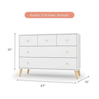 dadada Austin 5-Drawer Dresser for Nursery and Bedroom - Modern Design, Large Storage, Baby-Safe Finish, Anti-Tip Safety, Solid Wood Feet, Durable Construction (White+Natural)