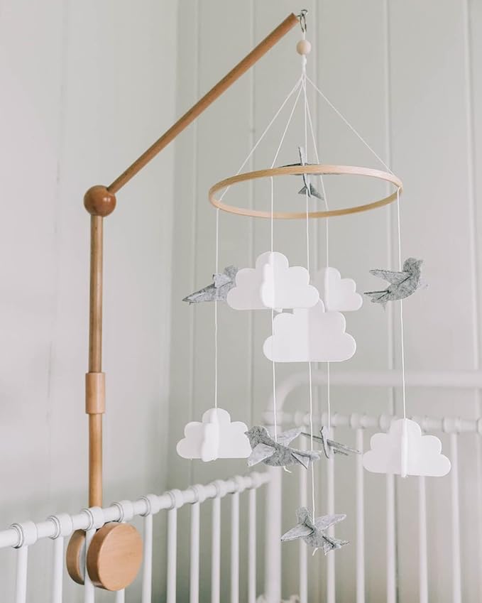 Baby Crib Mobile (Birds and Clouds) - Nursery Decor Ceiling Mobile for Boys & Girls - Crib Accessories - Grey & White